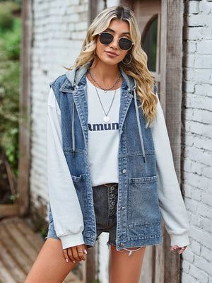 Hooded denim vest in medium blue with patch pockets and drawstring hood.