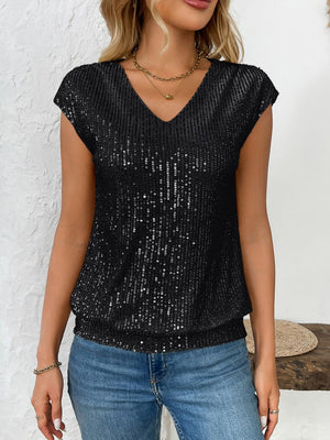 Black sequined cap-sleeve V-neck blouse with elasticated hem