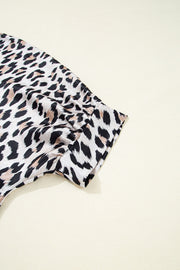 Leopard print oversized button-down blouse with ruched sleeve detail