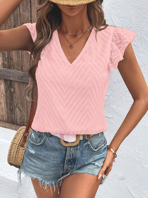 Blush pink textured chevron v-neck blouse with flutter sleeves