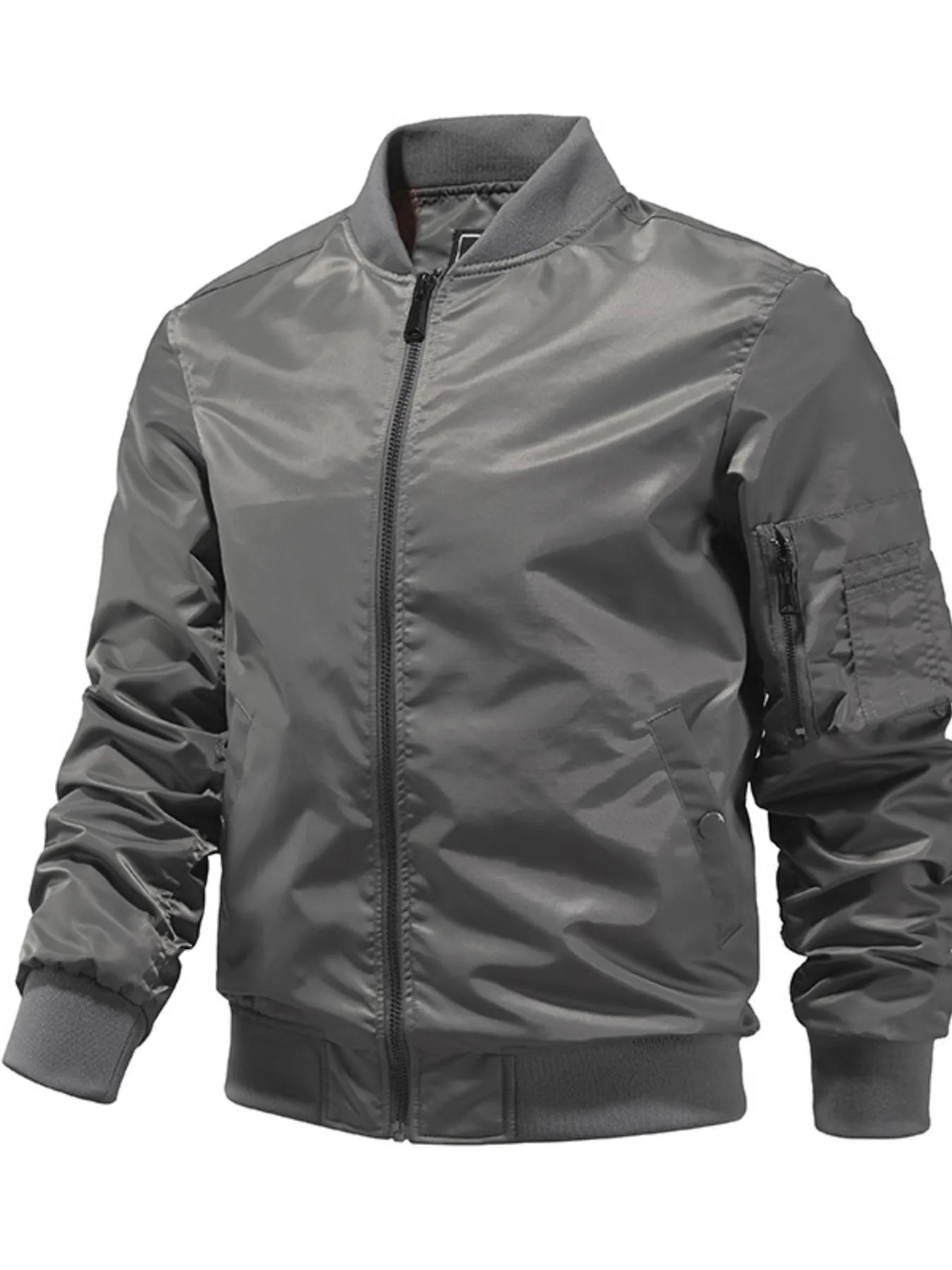 Men's gray zip-up bomber jacket with zippered sleeve pocket and ribbed cuffs.