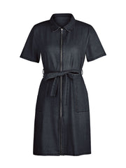 Zipper front denim mini dress in dark gray with short sleeves, collared neckline, and tie waist.