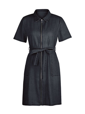 Zipper front denim mini dress in dark gray with short sleeves, collared neckline, and tie waist.
