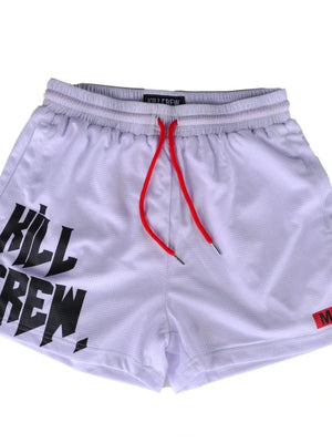 White mesh athletic shorts with black Kill Crew graphic and red drawstring.