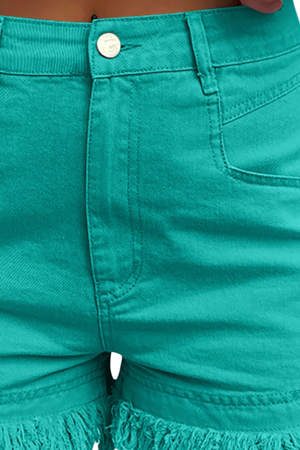 Turquoise high-rise denim shorts with fringe hem detail