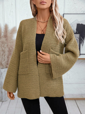 Chunky knit open front cardigan in moss with pockets and wide sleeves.