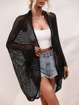 Black open-weave kimono duster with batwing sleeves and breathable acrylic fabric.