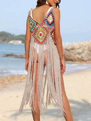 Crochet patchwork cover-up dress in sand with colorful squares and long fringe detail