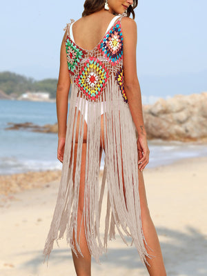 Crochet patchwork cover-up dress in sand with colorful squares and long fringe detail