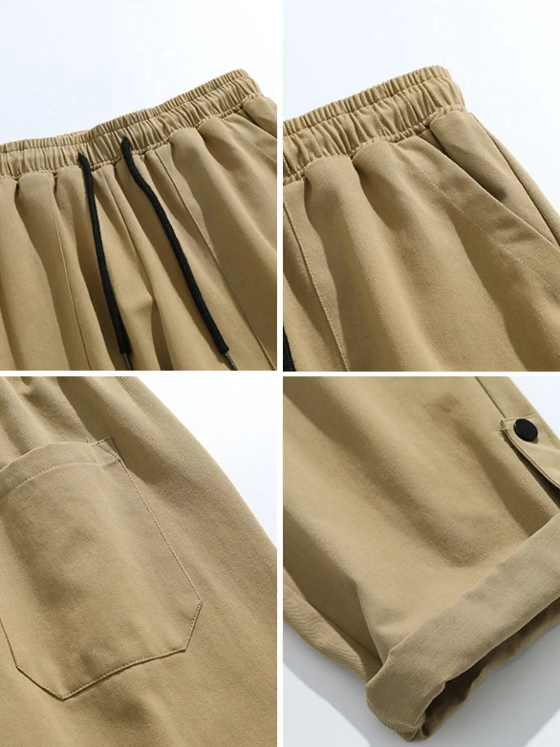Khaki relaxed fit cuffed cargo trousers with drawstring waist and button cargo pocket.