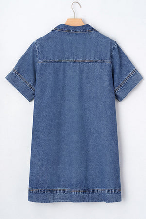 Light blue denim mini dress with short sleeves, collar, and contrast stitching details.
