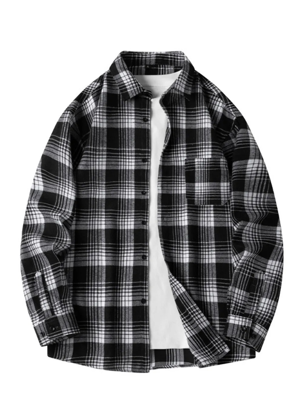Men's Plus Size Plaid Long Sleeve Shirt in Black, model styling view