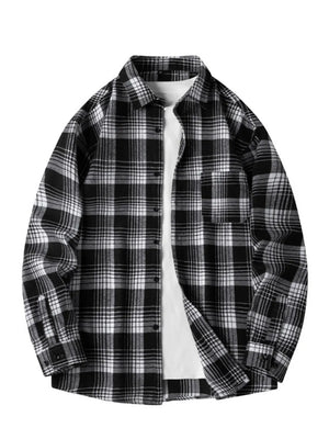 Men's Plus Size Plaid Long Sleeve Shirt in Black, model styling view