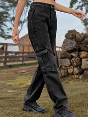 Dark gray denim straight leg cargo pants with multiple pockets.
