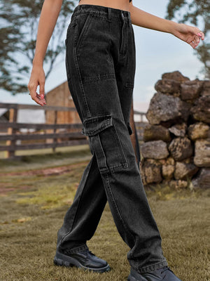 Dark gray denim straight leg cargo pants with multiple pockets.