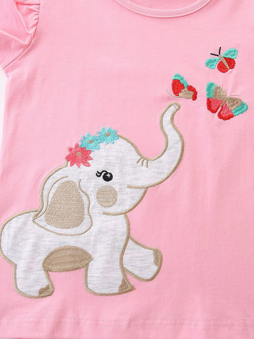 Pink cotton baby outfit with embroidered elephant and butterflies detail