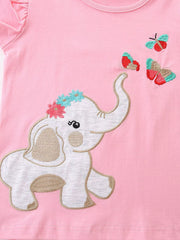 Pink cotton baby outfit with embroidered elephant and butterflies detail