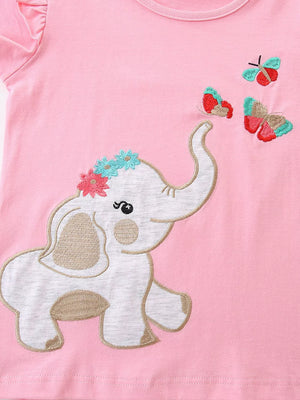 Pink cotton baby outfit with embroidered elephant and butterflies detail