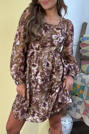 Abstract Floral Print Square Neck Mini Dress in Brown, close-up detail