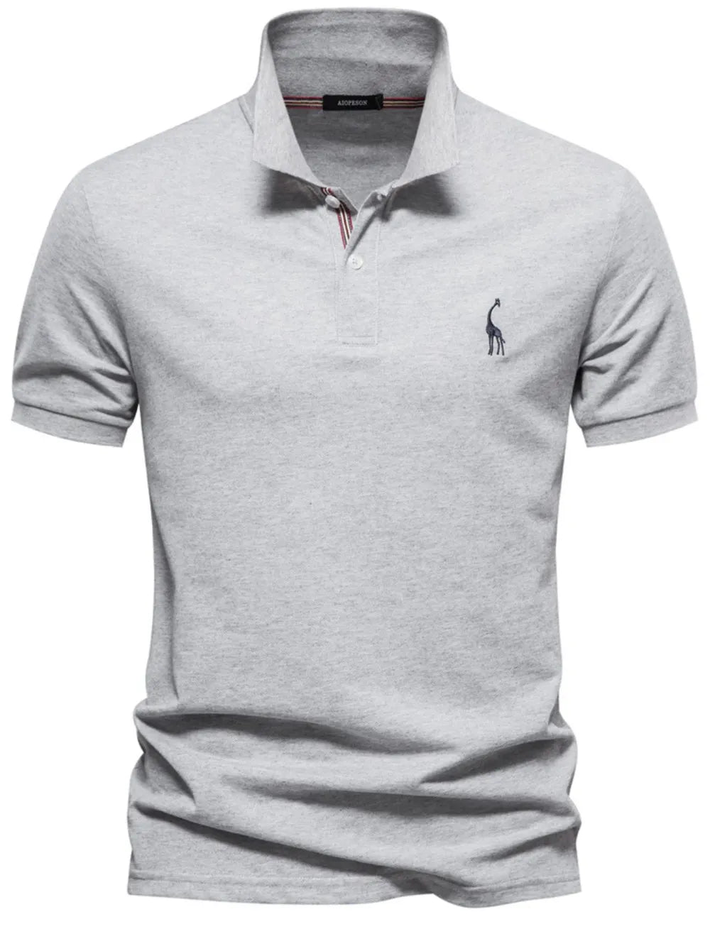 Gray piqué polo shirt with giraffe embroidery and striped collar detail.