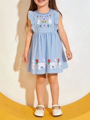 Blue striped cotton toddler dress with embroidered bunnies and flowers, ruffle sleeves.