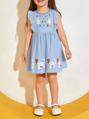 Blue striped cotton toddler dress with embroidered bunnies and flowers, ruffle sleeves.