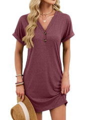 Wine Red t-shirt dress with V-neck, short cuffed sleeves, and decorative buttons.