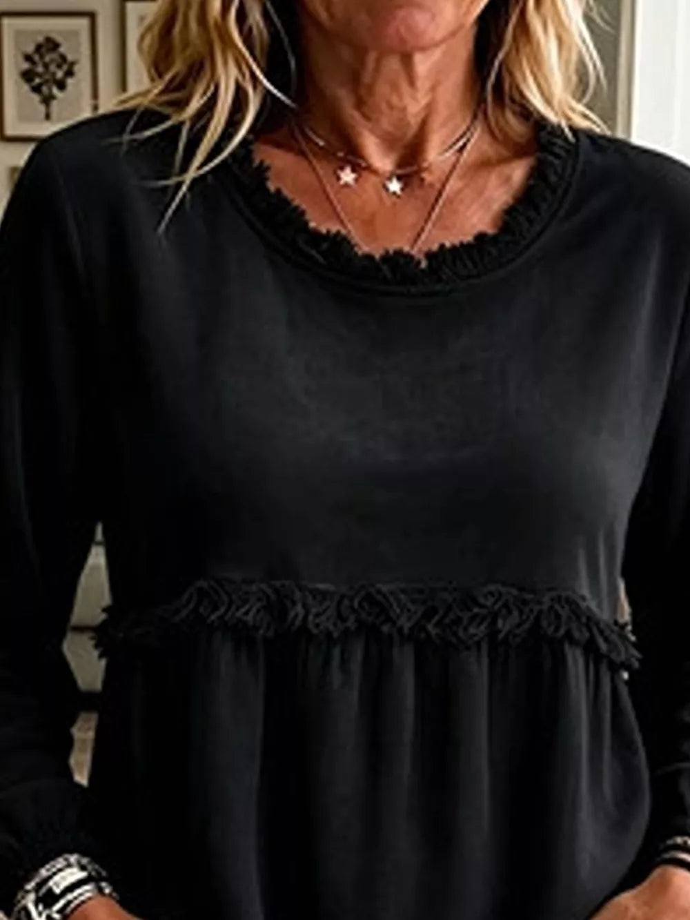 Velvet Fringe Long Sleeve Blouse in Black, back view