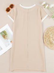Beige striped t-shirt dress with crew neck and short sleeves, above knee length.
