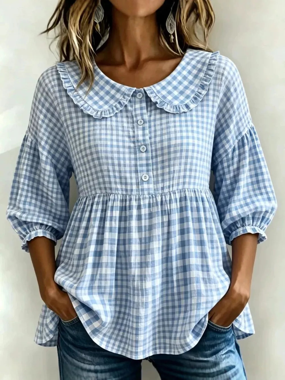 Full Size Gingham Peter Pan Collar Blouse Plus Size, front view