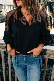 Black sheer yoke embroidered blouse with tie neck and lace detail sleeves