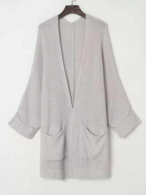 Light grey acrylic open front cardigan with pockets and cuffed sleeves.