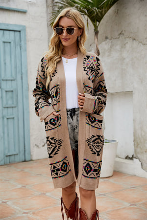 Camel geometric knit open cardigan with tribal pattern and pockets.