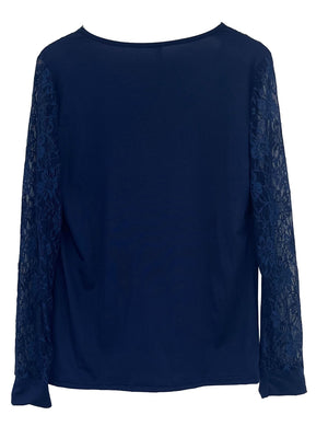 Navy lace inset blouson sleeve top with crew neck