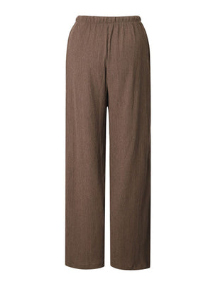Brown crinkled wide-leg pants with drawstring waist and elastic waistband.