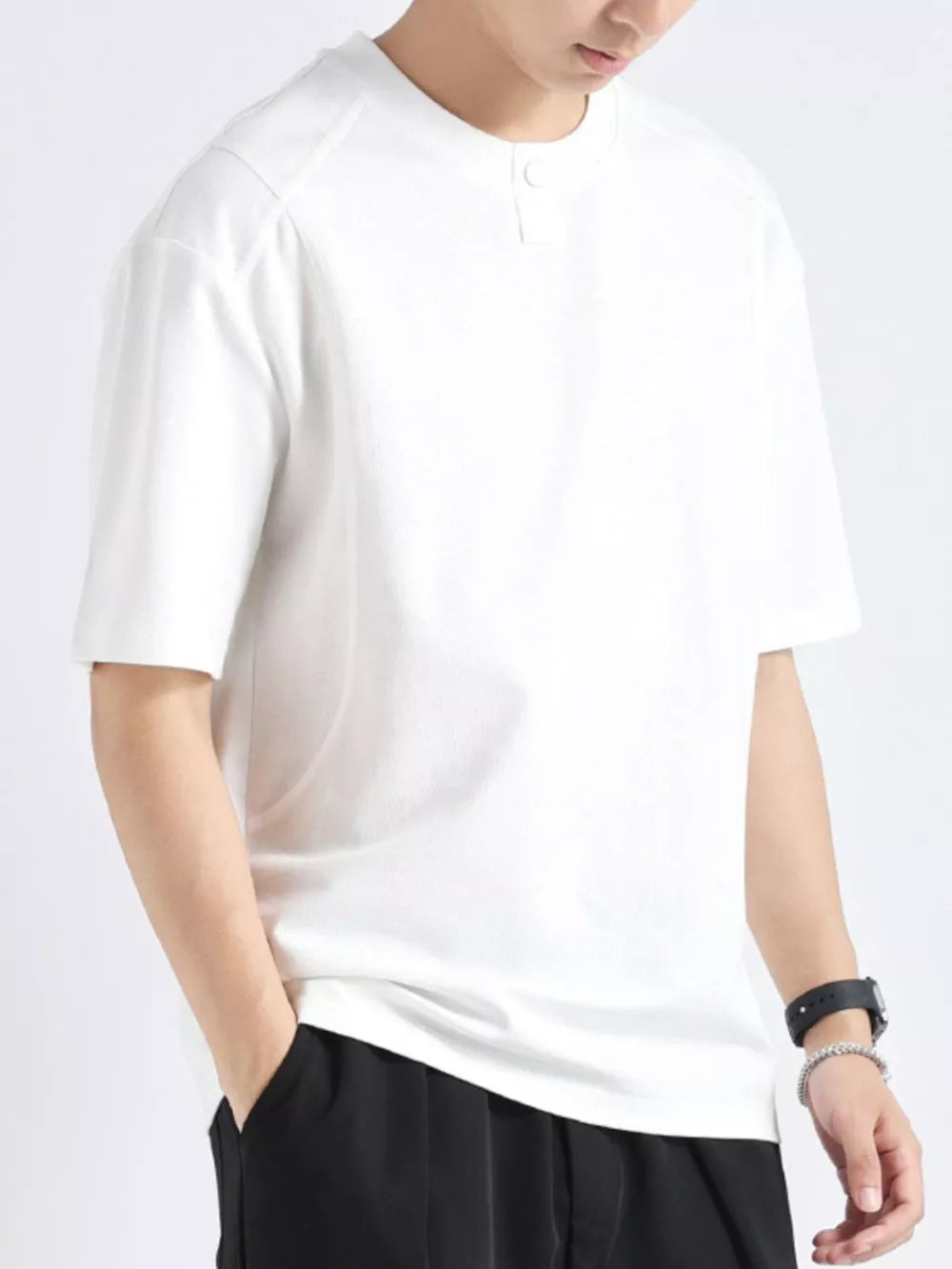 Men's white cotton short sleeve henley tee with button detail