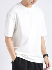 Men's white cotton short sleeve henley tee with button detail