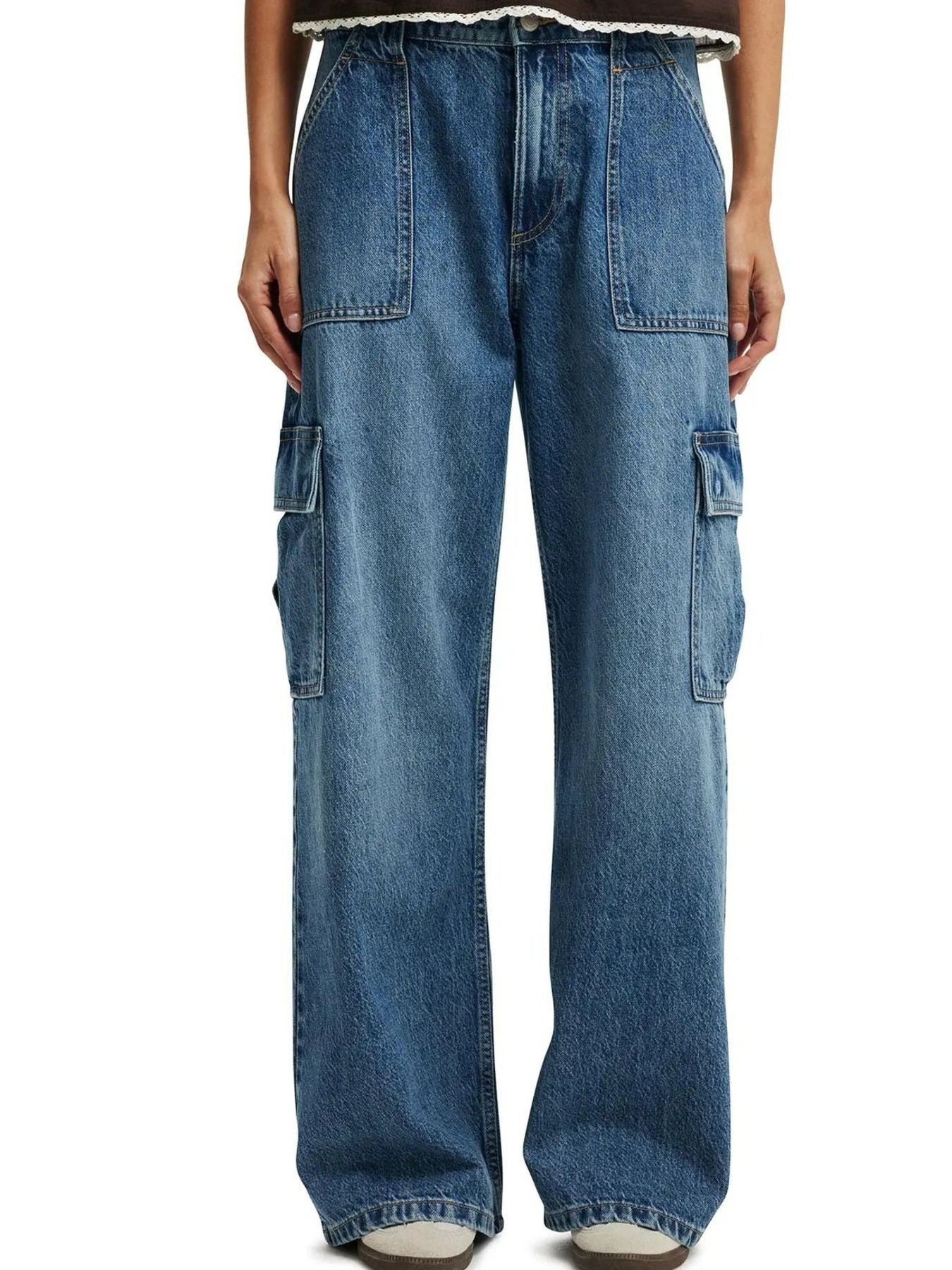 Light blue denim wide leg cargo pants with multiple pockets.