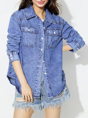 Acid wash denim overshirt in medium blue with two chest pockets and button front.