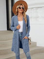Textured ribbed knit duster cardigan in dusty blue with open front and pockets