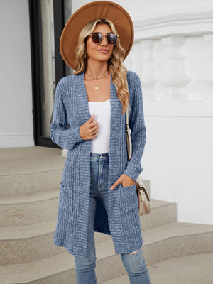 Textured ribbed knit duster cardigan in dusty blue with open front and pockets