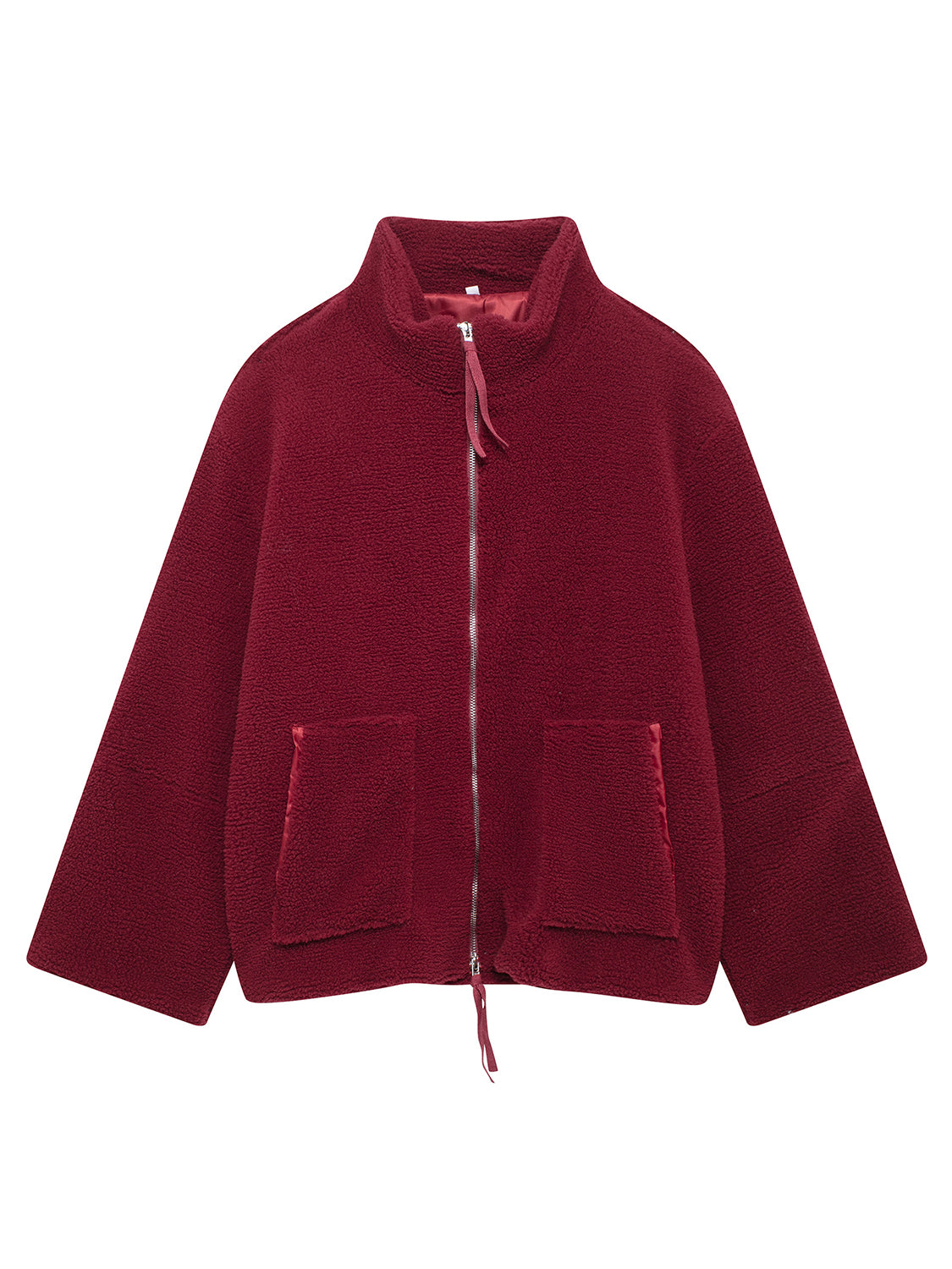 Burgundy sherpa stand-collar jacket with zip front and patch pockets.