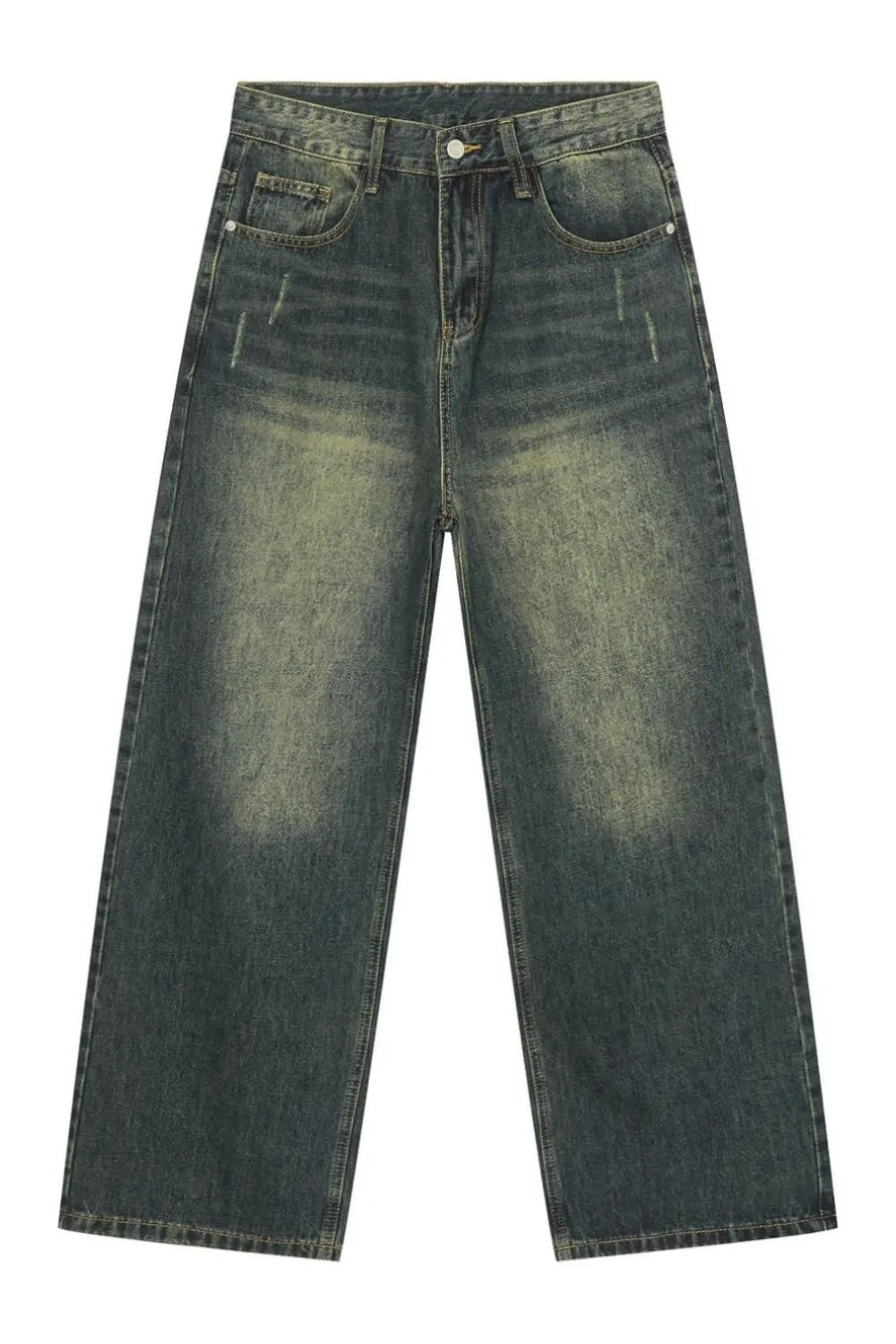 Relaxed fit dark wash denim jeans with distressed details and pockets.