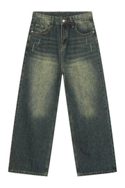 Relaxed fit dark wash denim jeans with distressed details and pockets.