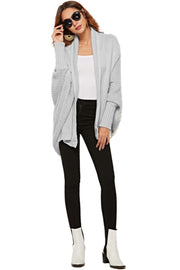 Light Gray cocoon knit cardigan with shawl collar and batwing sleeves.