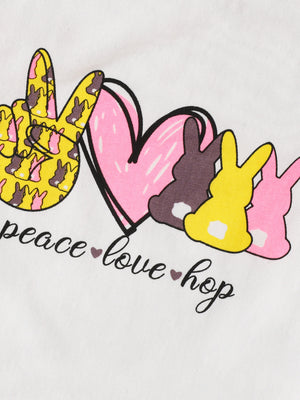 Baby set with peace sign, heart, bunnies, and text peace love hop graphic.