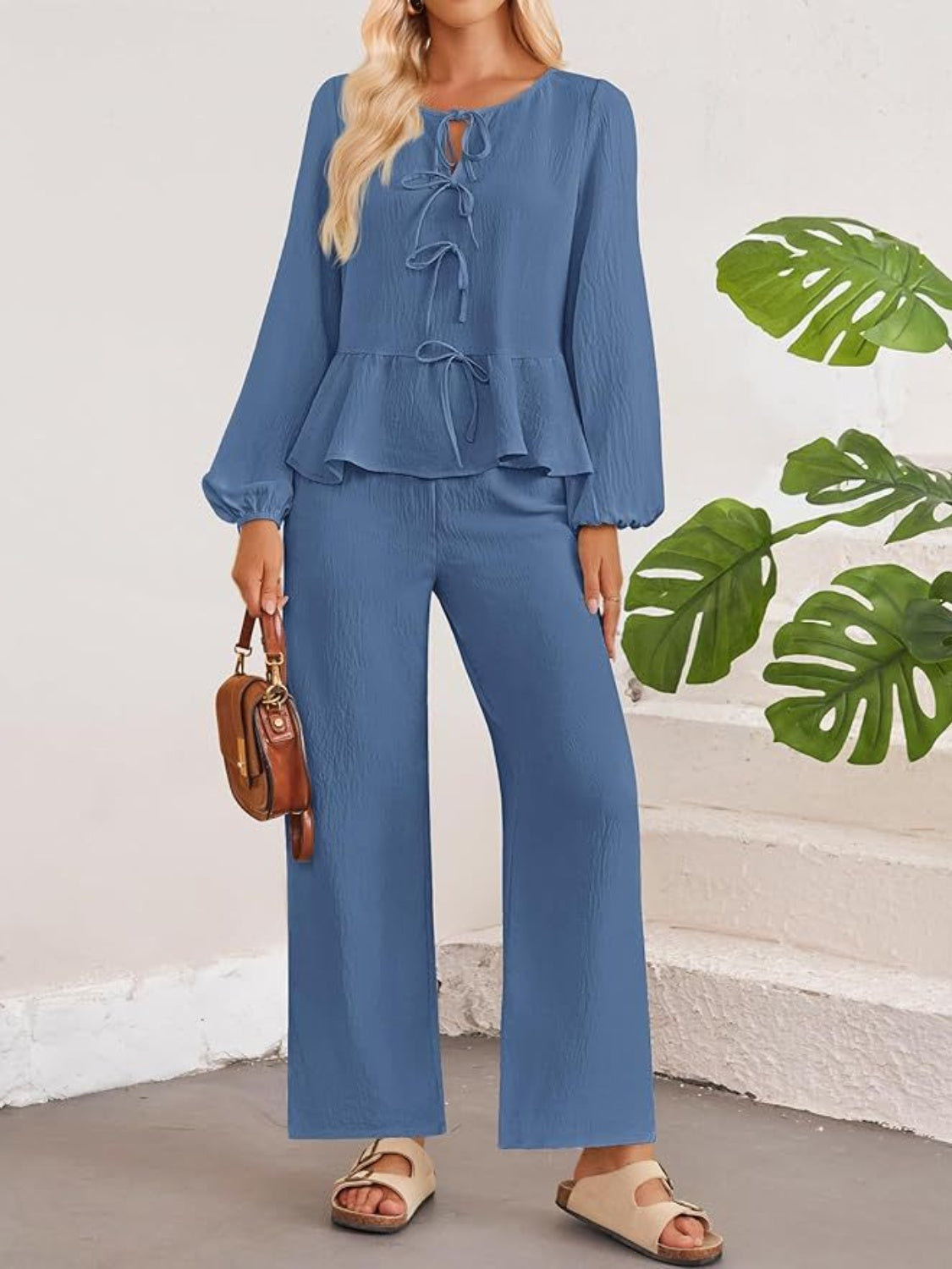Dusty Blue textured peplum co-ord set with tie-neck blouse and wide-leg pants