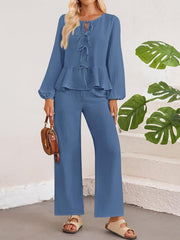 Dusty Blue textured peplum co-ord set with tie-neck blouse and wide-leg pants