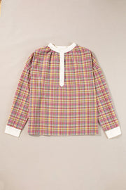 Bohemian plaid blouse with mandarin collar, buttoned placket, and white cuffs.