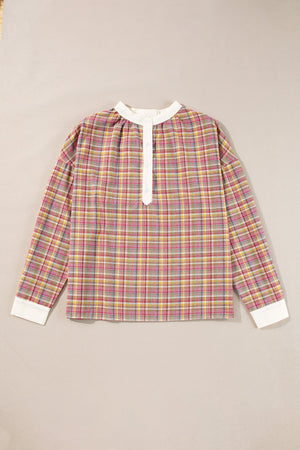 Bohemian plaid blouse with mandarin collar, buttoned placket, and white cuffs.